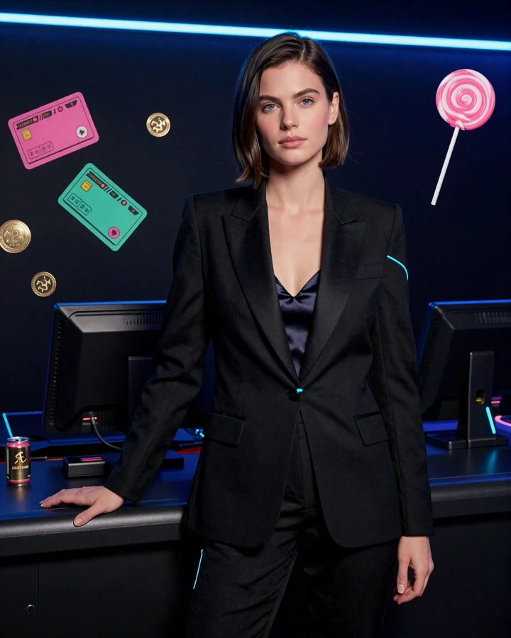 Elegante Frau in schwarzem Outfit neben Payment-Chips und CandyCoins-Lolli f&uuml;r Iris Casino Auszahlung