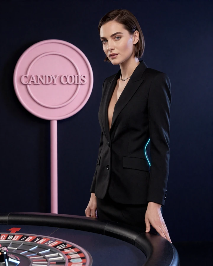 Elegante Frau in schwarzem Look neben CandyCoins-Lolli und Live Roulette Tisch im Iris Casino Live Casino