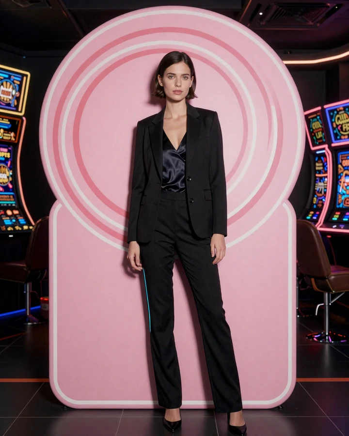 Elegante Frau in schwarzem Outfit neben CandyCoins-Lolli als Iris Casino Hero-Artwork