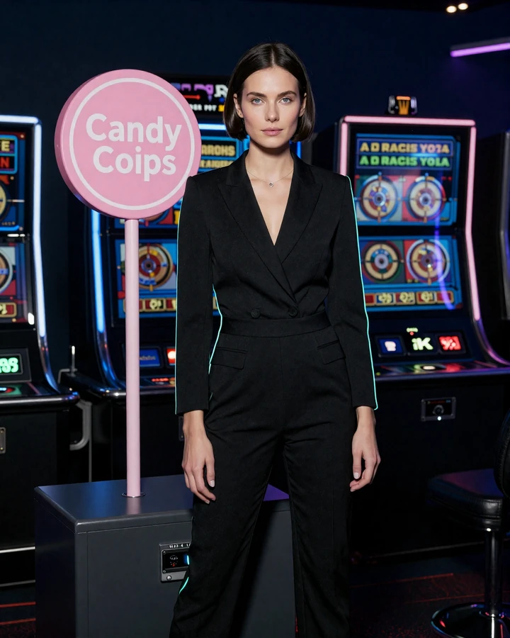 Elegante Frau in schwarzem Outfit neben CandyCoins-Lolli in der Iris Casino Spiele-Lobby